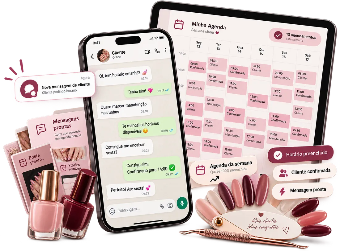 Celular com conversa de WhatsApp pronta, tablet com a agenda da semana preenchida e artes de posts e stories